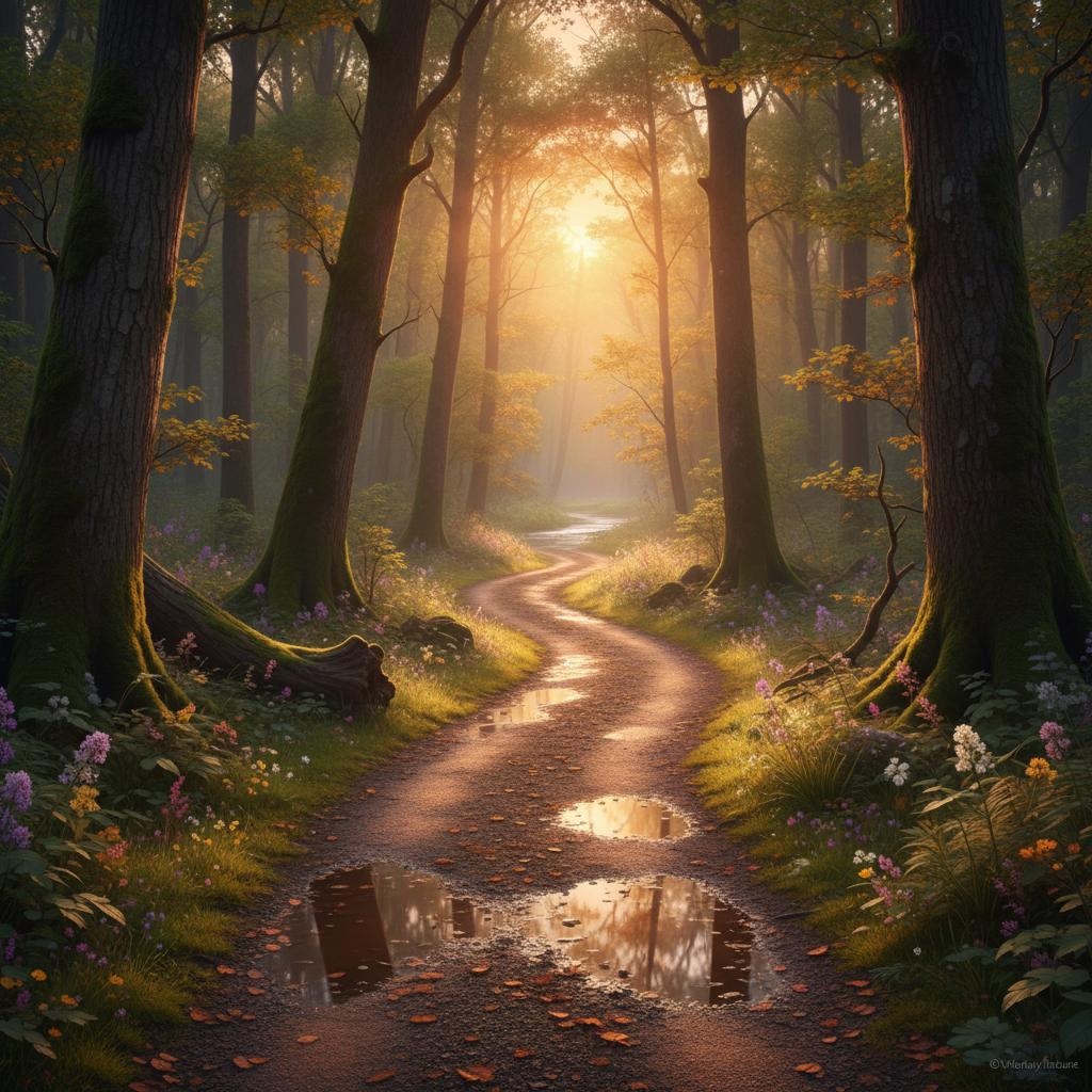 Calm walking path reflecting sunlight